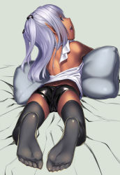 Rule 34 | 1girl, ass, backless outfit, bare shoulders, black thighhighs, dark-skinned female, dark skin, elf, feet, foot focus, foreshortening, h kasei, long hair, looking at viewer, looking back, lying, hugging object, on stomach, open mouth, original, pillow, pillow hug, pink eyes, pointy ears, shirt, short shorts, shorts, sideways mouth, sleeveless, sleeveless shirt, soles, solo, tan, thighhighs, two side up