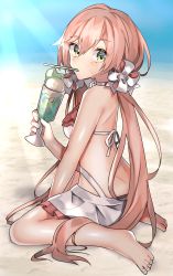 Rule 34 | 1girl, alternate costume, aogisa, bad id, bad pixiv id, beach, bikini, bikini skirt, breasts, carcano m1891 (girls&#039; frontline), commentary request, cup, day, drink, drinking straw, food, frilled bikini, frills, girls&#039; frontline, green eyes, hair ribbon, highres, ice cream, ice cream float, long hair, looking at viewer, looking back, medium breasts, melon soda, mouth hold, ocean, outdoors, pink hair, ribbon, sand, sitting, solo, swimsuit, twintails, wariza, white bikini, white ribbon