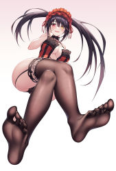 Rule 34 | 1girl, absurdres, ass, asymmetrical hair, black hair, black panties, black thighhighs, breasts, brown thighhighs, cameltoe, clock eyes, commentary, corset, crossed legs, date a live, eyes visible through hair, feet, foot focus, foreshortening, frilled hairband, frills, from below, garter straps, hair between eyes, hair over one eye, hairband, hand on own cheek, hand on own face, heterochromia, highres, invisible chair, lace, lace-trimmed legwear, lace trim, large breasts, long hair, looking at viewer, looking down, neck garter, no shoes, open mouth, panties, red eyes, sidelocks, simple background, sitting, skindentation, smile, soles, solo, spaghetti strap, symbol-shaped pupils, thighhighs, thighs, tokisaki kurumi, twintails, underwear, white background, wide hips, yellow eyes, zijiang