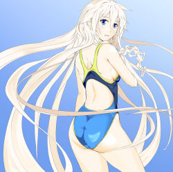Rule 34 | 1girl, ass, asunogear, blue background, blue eyes, blue one-piece swimsuit, competition swimsuit, cowboy shot, floating hair, from behind, gradient background, hair between eyes, ia (vocaloid), long hair, looking at viewer, looking back, one-piece swimsuit, open mouth, shiny clothes, shoulder blades, silver hair, solo, standing, swimsuit, very long hair, vocaloid