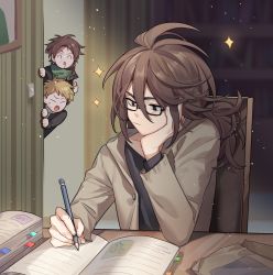 Rule 34 | 3boys, :o, ^ ^, atou haruki, black jacket, black shirt, blood, blood from mouth, book, braid, brown hair, brown jacket, chair, chibi, chibi inset, closed eyes, closed mouth, desk, elbow on table, closed eyes, glasses, green eyes, green scarf, hand on own cheek, hand on own face, harada minoru, highres, holding, holding pencil, indoors, isoi reiji, jacket, light particles, light switch, long hair, mechanical pencil, multiple boys, naku (naku999ziye), open book, open clothes, open jacket, open mouth, peeking out, pencil, rectangular eyewear, ribbed sweater, saibou shinkyoku, scarf, shirt, short hair, side braid, sitting, solo focus, sparkle, studying, surprised, sweater, thick eyebrows, thumbs up, turtleneck, turtleneck sweater, v-shaped eyebrows, white sweater, writing