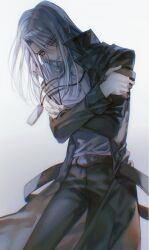 Rule 34 | 1boy, belt, bishounen, black coat, black pants, chinese commentary, coat, commentary request, crossed arms, gradient background, grey background, grey hair, hands on own arms, harmonica, head down, high collar, highres, instrument, jewelry, kiryu kyosuke, leather belt, male focus, medium hair, naoki (2rzmcaizerails6), necklace, open clothes, open coat, orange eyes, pants, sad, shirt, solo, standing, white shirt, yu-gi-oh!, yu-gi-oh! 5d&#039;s