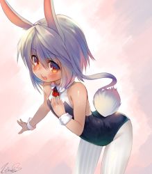 Rule 34 | 1girl, animal ears, bare shoulders, blush, dark-skinned female, dark skin, fake animal ears, flat chest, leaning forward, leotard, long hair, looking at viewer, open mouth, original, pantyhose, playboy bunny, rabbit ears, rabbit tail, red eyes, silver hair, simple background, solo, tail, toba hiyoko, white pantyhose, wrist cuffs