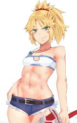 Rule 34 | 1girl, abs, blonde hair, breasts, deccatezu, fate/apocrypha, fate/grand order, fate (series), female focus, green eyes, hair ornament, highres, md5 mismatch, mordred (fate), mordred (fate/apocrypha), ponytail, resolution mismatch, self-upload, shorts, solo, source smaller, sword, thighs, tomboy, weapon