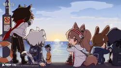 Rule 34 | 1other, 2boys, 2girls, ahoge, ambiguous gender, amiya (arknights), angelina (arknights), animal ears, arknights, artist request, black gloves, black hair, black jacket, blue jacket, blue sky, brown hair, buoy, cat boy, cat ears, cat tail, chinese commentary, commentary request, copyright name, courier (arknights), doctor (arknights), facing away, gloves, headband, highres, hood, hood up, hooded jacket, hugging own legs, infection monitor (arknights), jacket, jewelry, leaning forward, leopard boy, leopard ears, leopard tail, lifebuoy, looking at viewer, looking back, multiple boys, multiple girls, multiple rings, ocean, official art, outdoors, ponytail, rabbit ears, rabbit girl, red eyes, red headband, red scarf, rescue buoy, ring, scarf, shading eyes, short hair, silverash (arknights), sitting, sky, sunrise, sweatdrop, swim ring, tail, thermos, twintails, utility pole, white jacket