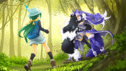 Rule 34 | 3girls, animal ear fluff, animal ears, battle, black hair, breasts, bucket hat, commentary, commentary request, dire wolf (kemono friends), forest, fur collar, gradient legwear, green hair, grey hair, grey wolf (kemono friends), hat, highres, kemono friends, large breasts, multicolored hair, multiple girls, naka (nicovideo14185763), nature, outdoors, plaid neckwear, ponytail, purple hair, skirt, tail, tomoe (kemono friends) (niconico88059799), two-tone hair, white background, wolf ears, wolf girl, wolf tail