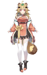 Rule 34 | 1girl, ahoge, airy production, animal ears, bare shoulders, black footwear, black skirt, blonde hair, boots, bow, breasts, brown bow, closed mouth, commentary request, dress, frilled skirt, frills, gabiran, hair ornament, highres, jacket, large breasts, leaf, leaf on head, long hair, long sleeves, looking at viewer, on shoulder, open clothes, open jacket, orange dress, orange jacket, pelvic curtain, puffy long sleeves, puffy sleeves, raccoon ears, raccoon girl, raccoon tail, red eyes, short eyebrows, simple background, skirt, sleeveless, sleeveless dress, sleeves past wrists, smile, solo, tail, thick eyebrows, thighhighs, thighhighs under boots, virtual youtuber, white background, white thighhighs, yashima momiji (vtuber)