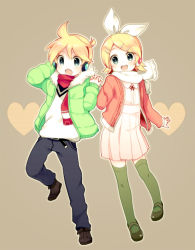 Rule 34 | 1boy, 1girl, blonde hair, brother and sister, dress, green eyes, green thighhighs, hair ornament, happy, headphones, hetero, holding hands, jacket, kagamine len, kagamine rin, looking at viewer, miyamakoume, open mouth, scarf, shoes, short hair, siblings, smile, thighhighs, twins, vocaloid, winter clothes
