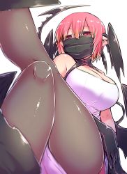 Rule 34 | 1girl, absurdres, black gloves, black mask, black tail, black wings, breasts, cleavage, dress, gloves, hair between eyes, head wings, heal &amp; squeeze, highres, kikyou (heal &amp; squeeze), large breasts, looking at viewer, mask, mouth mask, pantyhose, pink hair, red eyes, short hair, sitting, tail, thighs, vietnamese dress, white background, white dress, wings, zyugoya