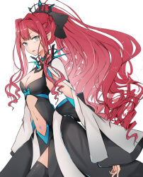 Rule 34 | 1girl, ameshiki, baobhan sith (fate), black dress, breasts, cleavage, clothing cutout, collar, cosplay, dress, fate/grand order, fate (series), grey eyes, hair ribbon, highres, long hair, looking at viewer, morgan le fay (fate), morgan le fay (fate) (cosplay), navel, navel cutout, parted lips, pink hair, pointy ears, ponytail, ribbon, sidelocks, solo, spiked collar, spikes, stomach tattoo, tattoo, two-tone dress, white dress, wide sleeves