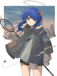 Rule 34 | 1girl, absurdres, arknights, black jacket, black shorts, blue eyes, blue hair, closed mouth, demon tail, dot nose, enunomiya, fur-trimmed jacket, fur trim, grey shirt, halo, highres, holding, holding behind back, holding staff, horns, jacket, legs apart, long sleeves, looking at viewer, mostima (arknights), open clothes, open jacket, shirt, short shorts, shorts, smirk, solo, staff, tail, thighs, v-shaped eyebrows