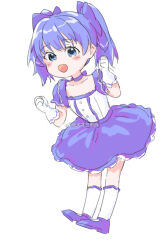 Rule 34 | 1girl, blue bow, blue eyes, blue footwear, blue hair, blue skirt, blush, bow, chinese commentary, clenched hands, frilled socks, frills, gloves, hair bow, leaning forward, lily (shio1006), looking at viewer, nijisanji, open mouth, shirt, simple background, sketch, skirt, smile, socks, solo, twintails, virtual youtuber, weibo username, white background, white gloves, white shirt, white socks, yuuki chihiro, yuuki chihiro (1st costume)