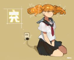 Rule 34 | 1girl, beige background, closed mouth, electric plug, electrical outlet, electricity, floating, floating hair, medium hair, nanora, orange eyes, orange hair, original, red neckwear, revision, school uniform, signature, simple background, sitting, skirt, solo, twintails