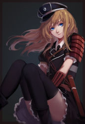 Rule 34 | 10s, 1boy, armor, belt, black thighhighs, blonde hair, blue eyes, gauntlets, gradient background, hat, highres, japanese armor, long hair, looking at viewer, male focus, midare toushirou, military, military uniform, necktie, puffy short sleeves, puffy sleeves, sailor hat, short sleeves, shoulder armor, sitting, sode, sola7764, solo, thighhighs, touken ranbu, trap, uniform, wind, zettai ryouiki