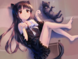 Rule 34 | 1girl, 1other, animal ears, arms up, barefoot, black cat, black dress, black hair, blunt bangs, brown eyes, cat, cat ears, cat girl, cat tail, clenched hands, dress, feet, kawaseki, legs, long hair, lying, on back, original, paw pose, soles, tail, thighs, toes