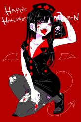 Rule 34 | 1girl, black hair, breasts, character request, cleavage, commentary request, english text, fangs, gal to otaku wa wakari aenai., halloween, highres, kawai rou, long hair, looking at viewer, nurse, on one knee, open mouth, otonashi amane, pantyhose, red background, red eyes, solo, text focus, tongue, tongue out, torn clothes, torn pantyhose