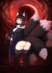 Rule 34 | 1girl, :d, amanomiya koyoi, animal ear fluff, animal ears, arm tattoo, ass, barbariank, black hair, body markings, breast tattoo, breasts, cloud, commentary, dark demon realm (monster girl encyclopedia), demon realm (monster girl encyclopedia), eclipse, fangs, fox ears, fox tail, glowing markings, glyph, head markings, highres, inari (monster girl encyclopedia), inari koyoi, japanese clothes, kimono, long hair, looking back, lunar eclipse, markings, medium breasts, monster girl, monster girl encyclopedia, moon, multiple tails, night, no panties, off shoulder, open mouth, outdoors, pink eyes, pussy juice, red moon, red sky, revision, shoulder tattoo, sideboob, sky, smile, solo, tail, tattoo, teeth, very long hair, wading, water