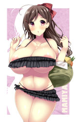 Rule 34 | 1girl, ahoge, akikaze tsumuji, areola slip, bare shoulders, basket, bikini, black bikini, blush, breasts, brown hair, carrot, character name, cleavage, collarbone, colored shadow, commentary request, cowboy shot, drop shadow, food, groin, hair between eyes, hair ornament, hair ribbon, hairclip, holding, holding basket, huge breasts, index finger raised, kantai collection, layered bikini, long hair, looking at viewer, mamiya (kancolle), midriff, navel, parted lips, purple background, purple eyes, red ribbon, ribbon, shadow, single sidelock, solo, standing, swimsuit, underboob, vegetable, w arms