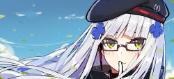 Rule 34 | 1girl, beret, black-framed eyewear, black hat, blue sky, blunt bangs, blush, closed mouth, commentary request, day, echj, finger to mouth, floating hair, girls&#039; frontline, glasses, gloves, green eyes, hair ornament, hat, headset, hk416 (girls&#039; frontline), index finger raised, long hair, looking at viewer, outdoors, shushing, sky, smile, solo, white gloves, white hair, wind