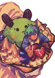 Rule 34 | 1boy, absurdres, blush, boku no hero academia, closed mouth, commentary, food, freckles, fruit, green eyes, green hair, highres, holding, holding food, ice cream, in food, long sleeves, male focus, midoriya izuku, mini person, miniboy, short hair, simple background, solo focus, star (symbol), strawberry, symbol-only commentary, white background, zukuworid