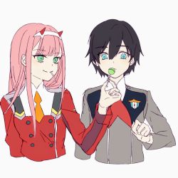 Rule 34 | 10s, 1boy, 1girl, black hair, blue eyes, candy, couple, darling in the franxx, food, green eyes, hair ornament, hairband, hetero, hiro (darling in the franxx), holding, holding candy, holding food, holding lollipop, horns, in mouth, lollipop, long hair, long sleeves, matching-anime-icons, military, military uniform, necktie, oni horns, orange neckwear, pink hair, red horns, red neckwear, short hair, uniform, white hairband, zero two (darling in the franxx)