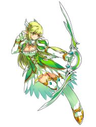 Rule 34 | 1girl, boots, bow (weapon), breasts, detached collar, dress, elf, elsword, full body, gloves, grand archer (elsword), green eyes, green hair, long hair, matching hair/eyes, medium breasts, no nose, official art, pointy ears, rena erindel, ress, smile, solo, thigh boots, thighhighs, weapon, white background, white gloves, white thighhighs