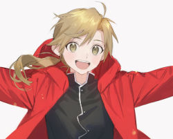 Rule 34 | 1boy, :d, ahoge, alphonse elric, black shirt, blonde hair, braid, commentary, fullmetal alchemist, grey background, happy, hood, hooded jacket, jacket, long hair, looking at viewer, male focus, naoko (naonocoto), open mouth, outstretched arms, red jacket, shirt, smile, solo, symbol-only commentary, upper body, yellow eyes