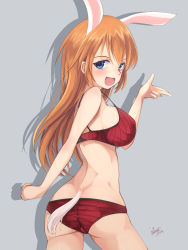 Rule 34 | 1girl, :d, animal ears, artist name, ass, bad id, bad pixiv id, blue eyes, blush, bra, breasts, charlotte e. yeager, commentary, cowboy shot, from behind, grey background, large breasts, long hair, looking at viewer, looking back, momendoufu, open mouth, orange hair, panties, rabbit ears, rabbit girl, rabbit tail, red bra, red panties, ribbed bra, ribbed panties, shadow, sideboob, signature, simple background, smile, solo, standing, strike witches, tail, underwear, underwear only, world witches series