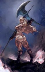 Rule 34 | 1girl, absurdres, amazon (dragon&#039;s crown), armlet, armor, ass, axe, bikini armor, blue eyes, boots, breasts, circlet, dragon&#039;s crown, feathers, gloves, halberd, highres, homex, large breasts, long hair, md5 mismatch, muscular, muscular female, polearm, solo, tattoo, thong, vanillaware, weapon