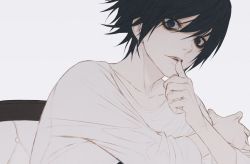 Rule 34 | 1boy, bags under eyes, black eyes, black hair, chair, collarbone, crossed arms, death note, grey background, hair between eyes, l (death note), looking at viewer, male focus, open mouth, shirt, short hair, simple background, sitting, solo, thumb to mouth, unfinished, wanke, white shirt