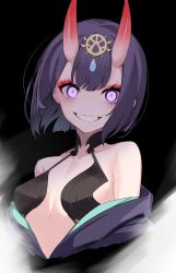 Rule 34 | 1girl, bare shoulders, black background, bob cut, breasts, collarbone, eyelashes, eyeliner, fate/grand order, fate (series), grin, headpiece, highres, horns, japanese clothes, kimono, long eyelashes, looking at viewer, makeup, medium breasts, off shoulder, oni, purple eyes, purple hair, purple kimono, revealing clothes, short hair, shuten douji (fate), skin-covered horns, smile, solo, spider apple