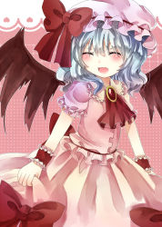 Rule 34 | 1girl, bad id, bad pixiv id, bat wings, blue hair, bow, brooch, dress, closed eyes, fang, female focus, frills, hat, highres, jaku sono, jewelry, open mouth, remilia scarlet, short hair, skirt hold, smile, solo, touhou, wings, wrist cuffs