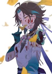Rule 34 | 1girl, bead necklace, beads, black hair, blood, blood on clothes, blood on face, blue gloves, blue hair, breasts, facial mark, forehead mark, genderswap, genderswap (mtf), genshin impact, gloves, half-closed eyes, highres, holding, holding leaf, jewelry, leaf, multicolored hair, necklace, orange eyes, small breasts, solo, tabibitowayo, upper body, white background, xiao (genshin impact)