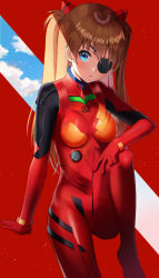 Rule 34 | 1girl, blue eyes, blush, bodysuit, breasts, brown hair, closed mouth, cloud, commentary, evangelion: 3.0 you can (not) redo, eyepatch, hair between eyes, hand on own knee, highres, knee up, kubong, long hair, looking at viewer, neon genesis evangelion, plugsuit, rebuild of evangelion, red bodysuit, sitting, small breasts, solo, souryuu asuka langley, two side up, very long hair