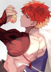Rule 34 | 1boy, cape, dango, eating, emiya shirou, fate/grand order, fate (series), food, from behind, highres, holding, holding cape, holding clothes, igote, japanese clothes, kamigokuin, looking at viewer, male focus, nagatekkou, red hair, senji muramasa (fate), short hair, simple background, solo, topless male, upper body, wagashi, white cape, yellow eyes