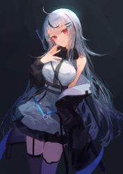 Rule 34 | 1girl, absurdres, asymmetrical legwear, bare shoulders, black background, black hair, black jacket, black scarf, black thighhighs, breasts, closed mouth, cowboy shot, dress, garter straps, grey hair, head tilt, highres, ichika (ichika87), jacket, large breasts, long hair, long sleeves, looking at viewer, making-of available, mismatched legwear, multicolored hair, off shoulder, open clothes, open jacket, original, red eyes, scarf, simple background, single garter strap, smile, solo, streaked hair, sword, thighhighs, two-tone hair, very long hair, virtual youtuber, weapon, weapon on back, white dress, white thighhighs