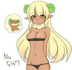 Rule 34 | 10s, 1girl, arms behind back, bare shoulders, blonde hair, breasts, c8 toyo, cleavage, creatures (company), dark skin, game freak, gen 5 pokemon, horns, image sample, long hair, moemon, navel, nintendo, open mouth, orange eyes, panties, personification, pixiv sample, pointy ears, pokemon, pokemon bw, resized, tight clothes, underwear, whimsicott