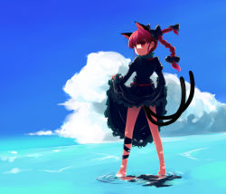 Rule 34 | 1girl, animal ears, braid, cat ears, cat girl, cat tail, clothes lift, cloud, day, dress, dress lift, female focus, hair ribbon, kaenbyou rin, looking back, multiple tails, red eyes, red hair, ribbon, shallow water, shin (new), short hair, sky, solo, tail, touhou, twin braids, twintails, wading, water
