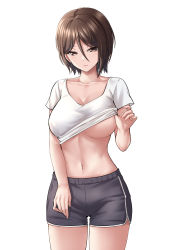 Rule 34 | 1girl, absurdres, bang dream!, black shorts, breasts, brown eyes, brown hair, cleavage, closed mouth, clothes lift, collarbone, commentary request, cowboy shot, dolphin shorts, fingernails, hair between eyes, hand up, highres, korean commentary, large breasts, lifted by self, looking at viewer, mixed-language commentary, navel, no bra, ptal, shirt, shirt lift, short hair, short shorts, short sleeves, shorts, side slit, side slit shorts, simple background, solo, standing, stomach, underboob, white background, white shirt, yashio rui