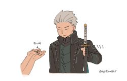 Rule 34 | 1boy, arrow (symbol), asaya minoru, black coat, black shirt, closed mouth, coat, commentary request, cropped torso, devil may cry (series), devil may cry 5, closed eyes, green vest, grey hair, holding, holding sheath, katana, male focus, money, open clothes, open coat, sheath, sheathed, shirt, simple background, solo focus, sword, twitter username, upper body, v-shaped eyebrows, vergil (devil may cry), vest, weapon, white background