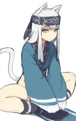 Rule 34 | 1girl, accio, animal ears, bad id, bad pixiv id, black socks, blue eyes, blunt bangs, butterfly sitting, closed mouth, expressionless, grey hair, headband, ku (accho), long hair, long sleeves, looking at viewer, original, shaded face, sidelocks, simple background, sitting, sketch, slit pupils, socks, solo, tail, white background