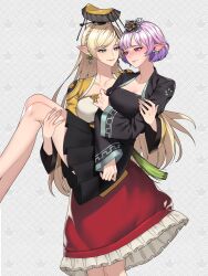 Rule 34 | 2girls, blonde hair, breasts, carrying, carrying person, hanbok, highres, korean clothes, kuuky, large breasts, lucid (maplestory), maplestory, mercedes (maplestory), multiple girls, pointy ears, purple hair, skirt
