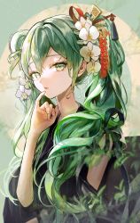 Rule 34 | 1girl, absurdres, black dress, black ribbon, breasts, commentary request, dress, flower, green eyes, green hair, hair between eyes, hair flower, hair ornament, hair ribbon, hairpin, hand up, hatsune miku, highres, long hair, looking at viewer, looking to the side, parted lips, pinky out, pipi, red ribbon, ribbon, small breasts, solo, twintails, vocaloid, white flower, wide sleeves