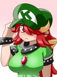 Rule 34 | 1girl, absurdres, bowser peach, bracelet, breasts, collar, eyes visible through hair, gen (susono01), gradient background, hair over one eye, hat, highres, jewelry, koopa peach, large breasts, long hair, mario (series), nintendo, possessed, princess peach, prototype design, red eyes, red hair, simple background, solo, spiked bracelet, spiked collar, spikes, super mario odyssey, sweatdrop