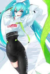 Rule 34 | 1girl, aqua eyes, aqua hair, arms up, artist name, asymmetrical bodysuit, black bodysuit, bodysuit, covered navel, crop top, crop top overhang, cropped jacket, flag, flagpole, flame print, goodsmile company, hair between eyes, hairpods, hatsune miku, highres, holding, holding flag, holding pole, jacket, long sleeves, naminori222, open mouth, pole, puffy sleeves, race queen, racing miku, racing miku (2022), shrug (clothing), single thighhigh, smiley face, solo, text print, thighhighs, vocaloid, white background, white jacket