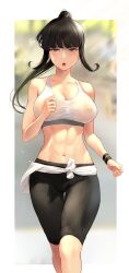 Rule 34 | 1girl, alternate costume, alternate hairstyle, bare shoulders, black hair, blunt bangs, blurry, blurry background, border, breasts, brown eyes, cleavage, collarbone, commentary request, exercising, girls und panzer, gym uniform, highres, jogging, large breasts, long hair, mature female, navel, nipples, nishizumi shiho, open mouth, outdoors, outside border, pants, ponytail, revision, running, see-through, solo, sports bra, sweatband, thighs, toned, track pants, wa (genryusui), white border, white sports bra