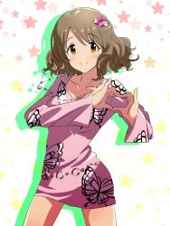 Rule 34 | 1girl, animal print, breasts, brown eyes, brown hair, butterfly print, cleavage, closed mouth, collarbone, dress, hair ornament, heart, heart hands, idolmaster, idolmaster cinderella girls, idolmaster cinderella girls starlight stage, jewelry, long hair, long sleeves, medium breasts, nanananananasea, necklace, pink dress, short hair, smile, solo, star (symbol), starry background, tsukimiya miyabi