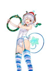Rule 34 | 1girl, ;d, absurdres, animal ears, asymmetrical legwear, bell, blue garter belt, blue thighhighs, breasts, brown eyes, candy, candy cane, character name, christmas, commentary request, covered navel, demon girl, demon horns, demon tail, fangs, food, hat, head tilt, highres, holding, holly, horns, kikuru (vtuber), kiyama satoshi, lami shia, looking at viewer, mismatched legwear, one-piece swimsuit, one eye closed, open mouth, red hat, santa hat, school swimsuit, shia sisters, short hair, silver hair, simple background, small breasts, smile, solo, standing, star (symbol), striped clothes, striped thighhighs, swimsuit, tail, thighhighs, transparent background, virtual youtuber, white background, white one-piece swimsuit, wreath