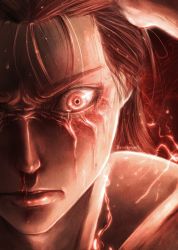 Rule 34 | absurdres, angry, black hair, blood, brown hair, close-up, electricity, eren yeager, facial mark, facial scar, hair pulled back, hair slicked back, highres, lightning, long hair, male focus, muscular, nosebleed, portrait, realistic, red eyes, scar, scar across eye, scar on cheek, scar on face, serious, shingeki no kyojin, solo, sucubuss art, topless male, veins