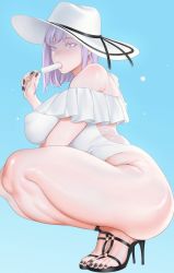 Rule 34 | 1girl, backless outfit, bad id, bad pixiv id, black nails, blue background, breasts, colored eyelashes, covered erect nipples, eating, elliot (zkstxxx), feet, food, food in mouth, full body, hat, high heels, highres, large breasts, nail polish, original, popsicle, purple eyes, purple hair, sandals, simple background, solo, squatting, sun hat, thick thighs, thighs, toenail polish, toenails, toes, zkstxxx